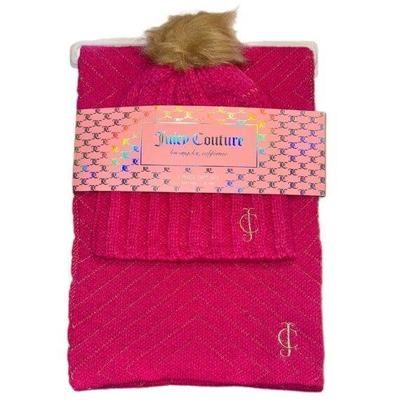 Juicy Couture 2 Piece Hot Pink Knit Hat & Scarf Gift Set Faux Fur Pom Pom Beanie - Picture 10 of 10